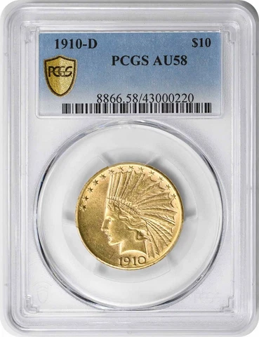 1910-D $10 Gold Indian AU58 PCGS Cover