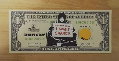 Billete de lienzo moneda lúgubre obra de arte Dismaland Banksy Glastonbury Peckham rock  Foto 1 de 2