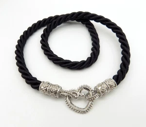 Sterling Silver Heart Black Fabric Cord Necklace Twist Open Signed - Picture 1 of 7