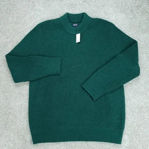 Gap Sweater Mens XL Green Merino Wool Shaker-Stitch Mockneck Pullover New - Picture 1 of 14