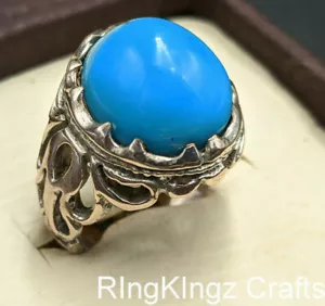 Turquoise Mens Ring Cabochon Cut Size 9 Handmade Man Rings Natural Gemstone - Picture 1 of 9