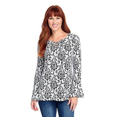 Suéter One World 1X Plus Negro/Blanco Estampado de Tapiz Cuello con Cordones Nuevo con Etiquetas Foto 1 de 4