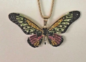 Betsey Johnson Necklace BUTTERFLY Green Pink Gold Crystals Gift Box Bag  - Picture 1 of 12