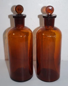Matching Set Antique Amber Glass Apothecary Pharmecutical Glass Bottle w Stopper - Picture 1 of 6