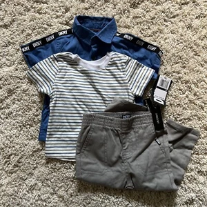 NWT DKNY Boys 18 Months 3-Set Gray Pants, Blue Short Sleeve Shirt, Striped Tee - Picture 1 of 4