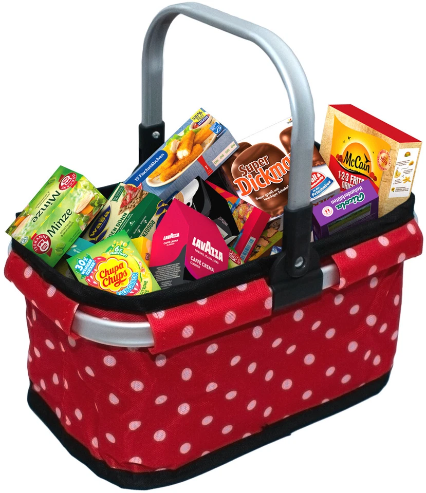 Tanner der kleine Kaufmann Moderner Tragekorb, rot, gefüllt, für Kaufmannsladen