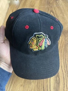 Vintage 90s Chicago Blackhawks Logo Athletic Puffy Adjustable Hat Cap NHL Mint - Picture 1 of 7