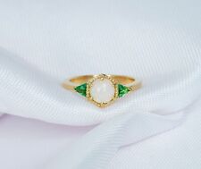 925 Sterling Silver Pearl Engagement Ring Green Crystal Gold Plated Round Cut