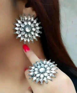 Oxidized Silver Kundan Flower Earring Cz Ring For Her Bridal Ethnic Jewelry - Picture 1 of 4