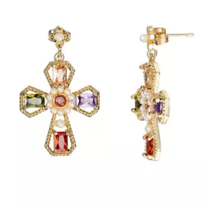 Cross Peridot Morganite Garnet Pearl Yellow Gold Plated Hook Stud Earrings Women - Picture 1 of 5