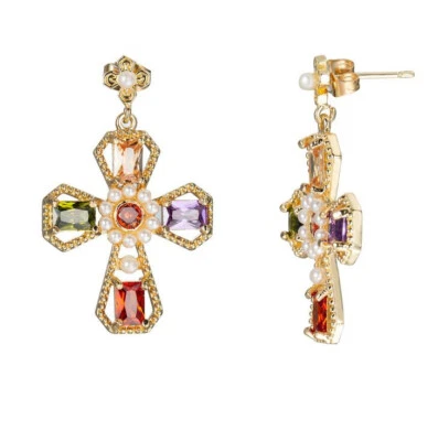 Cross Peridot Morganite Garnet Pearl Yellow Gold Plated Hook Stud Earrings Women - Image 1 of 4