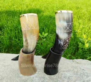 Pack De 2 Cuernos Vikingos Grabados Vegvisir con Soporte Cuerno Natural Regalo  - Imagen 1 de 7