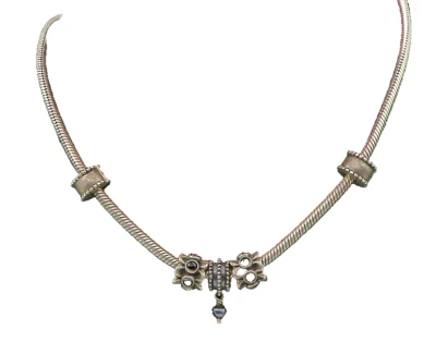 PANDORA 925 银色复古黑色玛瑙和小珍珠链项链 NE3698 — 第 1/4 张图片