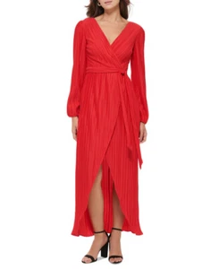 Guess Women's Pleated Woven Faux-Wrap V-Neck Maxi Dress - Picture 1 of 12