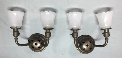 Par de luces interiores antiguas góticas Mission de latón doble vidrio 579-25B Foto 1 de 4