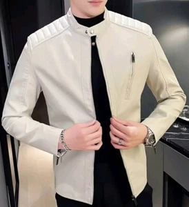Men's Faux Leather White Motorcycle Biker Jacket Zipper Pockets & Button Collar - Picture 1 of 13