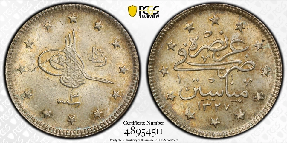 TURKEY - OTTOMAN , 2 KURUSH MOHAMED V 1327/3 AH MANASTIR ( 19 ) PCGS MS 65 ,RARE - Image 1 of 1