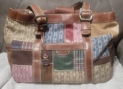 Fossil Leather Patchwork Purse Multicolor Tote Bag Satchel w Wallet - Image 1 of 4