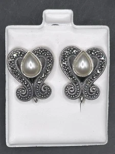 ELEGANT JUDITH JACK STERLING LG SILVER FAUX PEARL & MARCASITE LEVERBACK EARRINGS - Picture 1 of 8