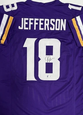 Camiseta deportiva púrpura réplica personalizada firmada por Justin Jefferson de los Vikings Receiver - BAS Foto 1 de 3