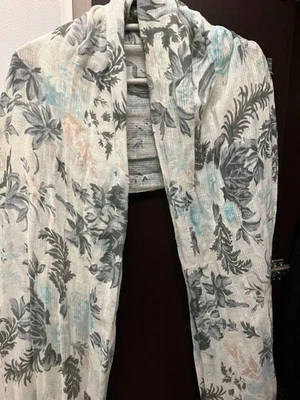 EPICE Cotton Stole White Light Blue Floral Botanical Large Size - Photo 1/4