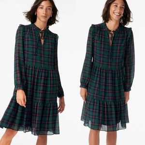 J Crew Classic Black Watch Preppy Holiday Plaid Tie-Neck Tiered Dress Pockets S - Picture 1 of 6