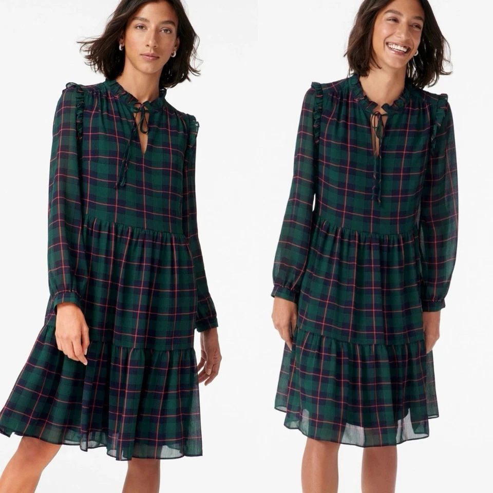 J Crew Classic Black Watch Preppy Holiday Plaid Tie-Neck Tiered Dress Pockets S - Image 1 of 4