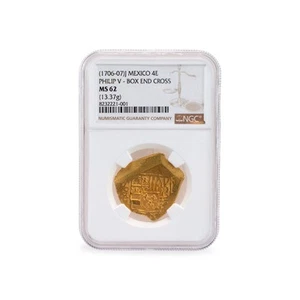 1706-1707 NGC MS62 Mexico 4 Escudos Philip V Box End Cross Ancient Gold Cob Coin - Picture 1 of 4