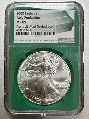 2000  SILVER EAGLE  NGC  MS69 EARLY PRODUCTION FROM U.S. MINT SEALED BOX - Image 1 of 2