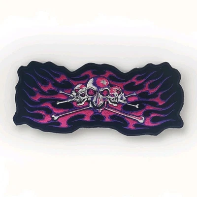 Skulls & Crossbones Flames Embroidered Patch Pink 10" x 4"  - Image 1 of 3