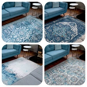 Blue Modern Rugs Large Small Navy Teal Moroccan Living Room Bedroom Carpet Mats  - Picture 1 of 23