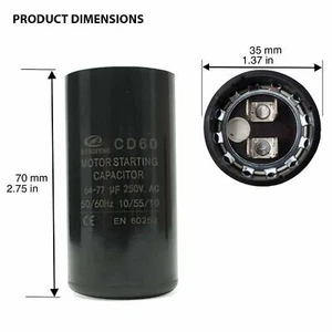 64-77 uF MFD 250V VAC Motor Start Capacitor Round 35x70mm CD60 AC Starting - Picture 1 of 2
