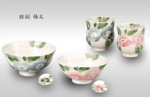 Kutani ware Japanese Rice bowl Gohan Chawan Tea cup Yunomi set Iro-e Camellia - Picture 1 of 5