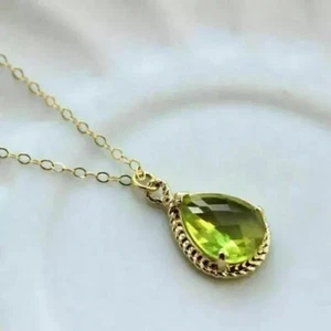 2Ct Pear Cut Natural Green Peridot 14k Yellow Gold Plated Solitaire PendantChain - Picture 1 of 4