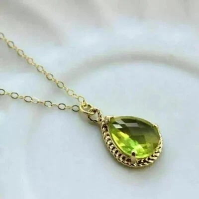 2Ct Pear Cut Natural Green Peridot 14k Yellow Gold Plated Solitaire PendantChain - Image 1 of 4