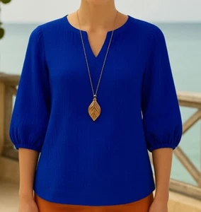 J. Jill Cotton Gauzey Split-Neck Popover Top Bluse Gr. XL Royal Blau Beachy - Bild 1 von 9