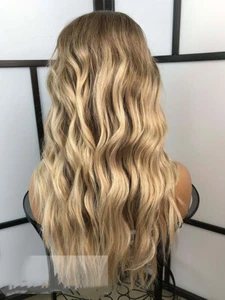 Wavy Ombre Blonde Lace Front Human Hair Wig Natural Hairline Dark Root  - Picture 1 of 13