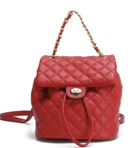 Red Quilt Stitch Pattern Backpack Flap Bag Gold Turn lock Detalles Monedero acolchado - Imagen 1 de 8