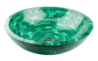 12" Exclusive Marble Washbasin Random Malachite Natural Stone Sink Decor H3134 - Image 1 of 4