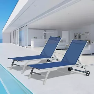 2 Pieces of Outdoor Metal Chaise Lounge chair w/Wheels for pool,yard(Blue) - Picture 1 of 9