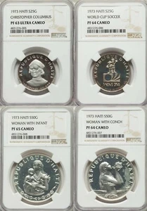 HAITI , FULL SET 4X  25 - 50 GOURDES SILVER SET 1973 - NGC PF 63-65 UC , RAREH - Picture 1 of 9