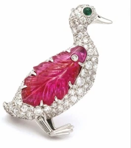 Carved Lab Ruby & Syn Emerald Duck Brooch 925 Fine Silver High Gifting Jewelry - Picture 1 of 6