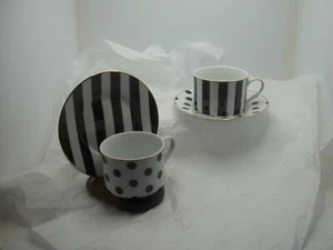 2 GRACE'S TEAWARE WHITE/BLACK STRIPE & POLKA DOT GOLD TRIM FLAT TEA CUP & SAUCER - Picture 1 of 3
