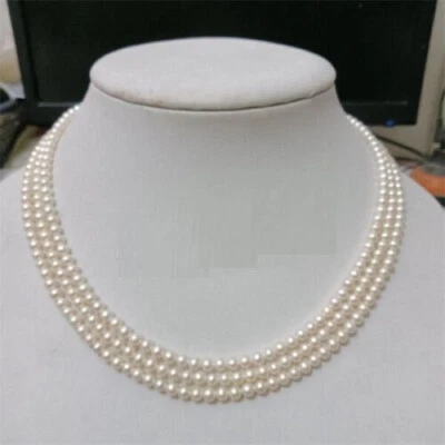 Triple Strand AAA 4-5mm Natural Akoya White Pearl Necklace 17-19 Inch 14k Gold P - Image 1 of 4