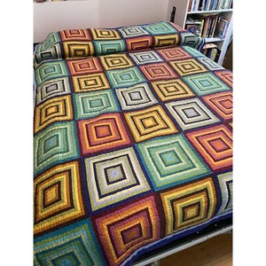 Log Cabin Quilt Twin / Full 64x88 Earth Tone Machine Pieced Hand Quilted Vintage - Picture 1 of 7