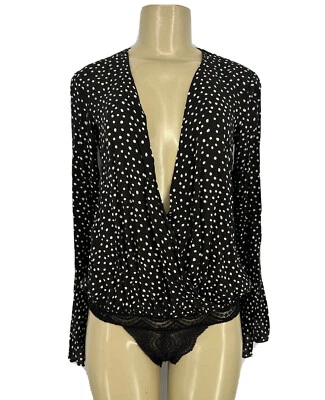 Body Free People XS Making Waves Negro Blanco Lunares Manga Acampanada AC20 Foto 1 de 4