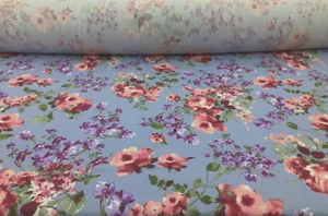 Printed Liverpool Textured Fabric Stretch Blue Gray Pink Purple Floral 1N10 - Picture 1 of 1