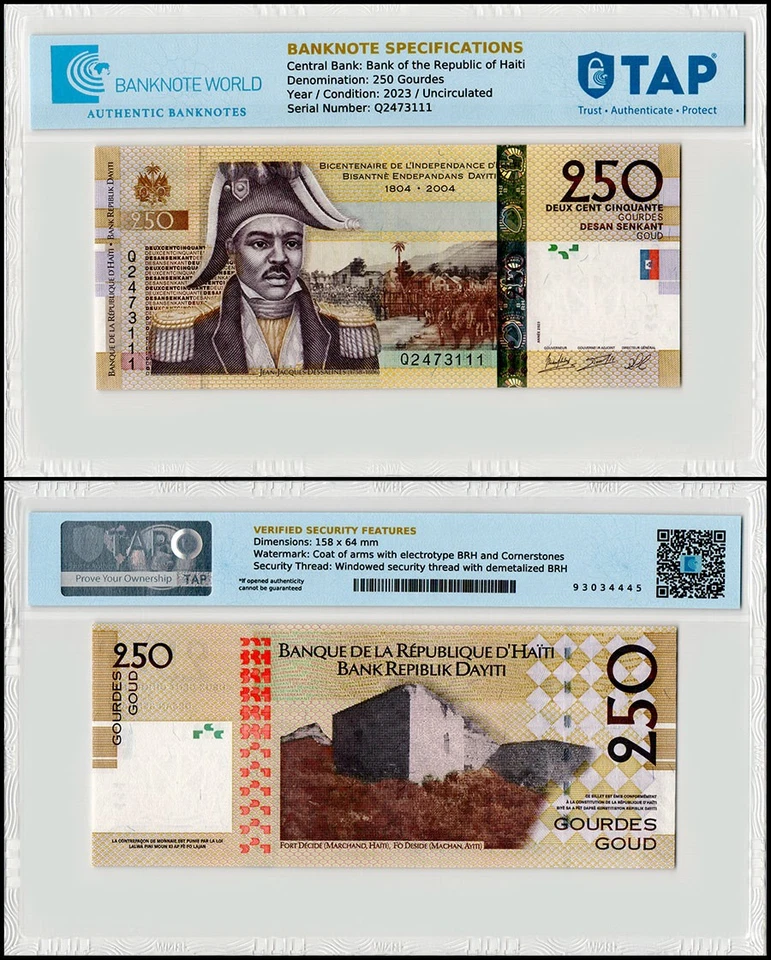 Haití 250 Gourdes, 2023, P-276h, Conmemorativo UNC, Autenticado Foto 1 de 1