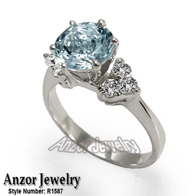 18K Solid White Gold Aquamarine and Diamond Engagement Ring #R1587 - Image 1 of 4