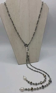 Collana Lariat Vetro AB Grigio Blu Perla Acqua Dolce Tono Oro Nuova senza etichette - Foto 1 di 6